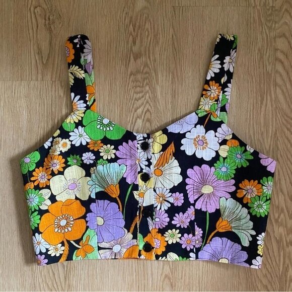 Maje 60s Mod Floral Crop Top Retro Psychedelic Daisy Print Bustier - Picture 7 of 13
